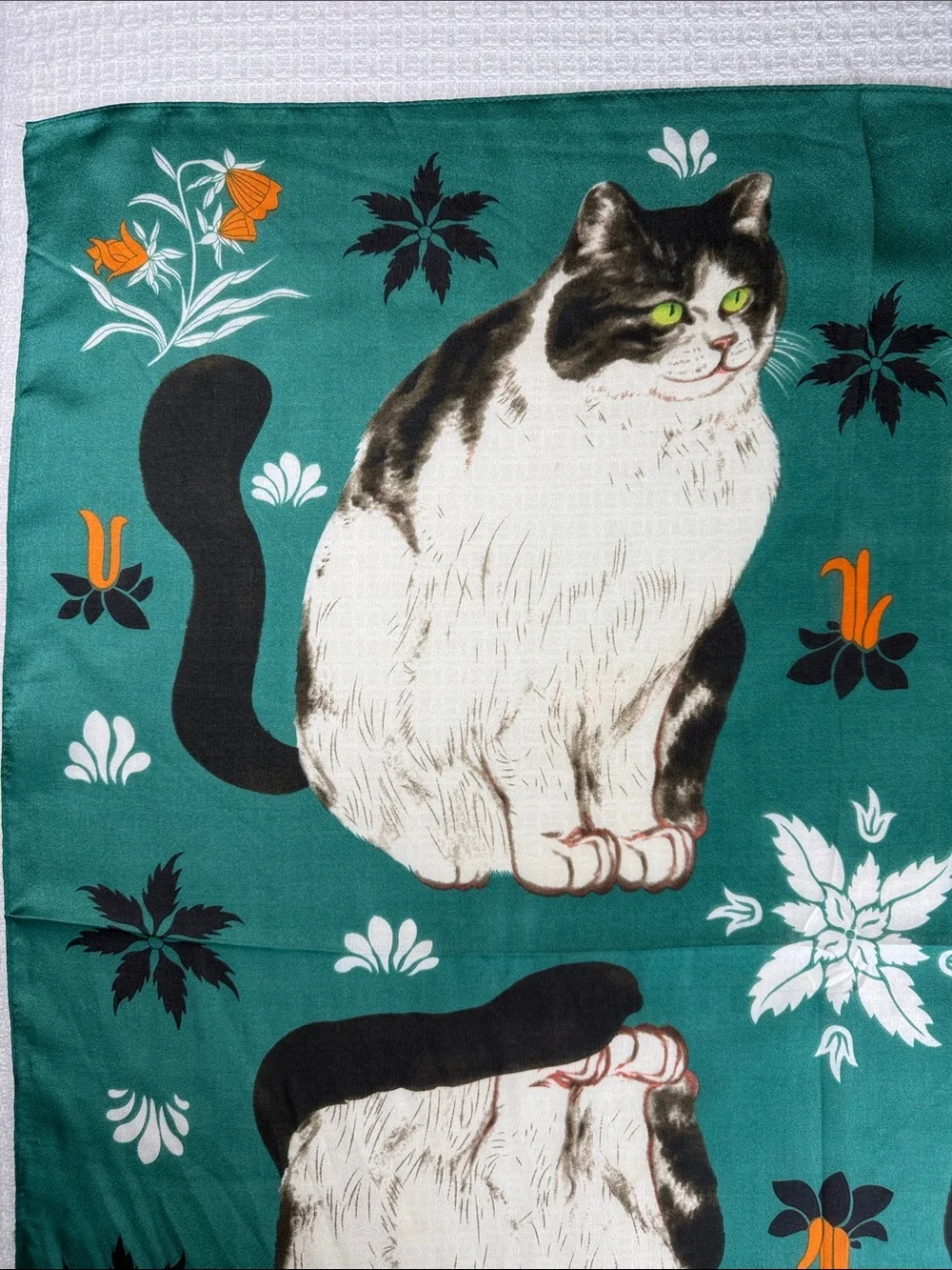 Novelty cat scarf green with black and white cat